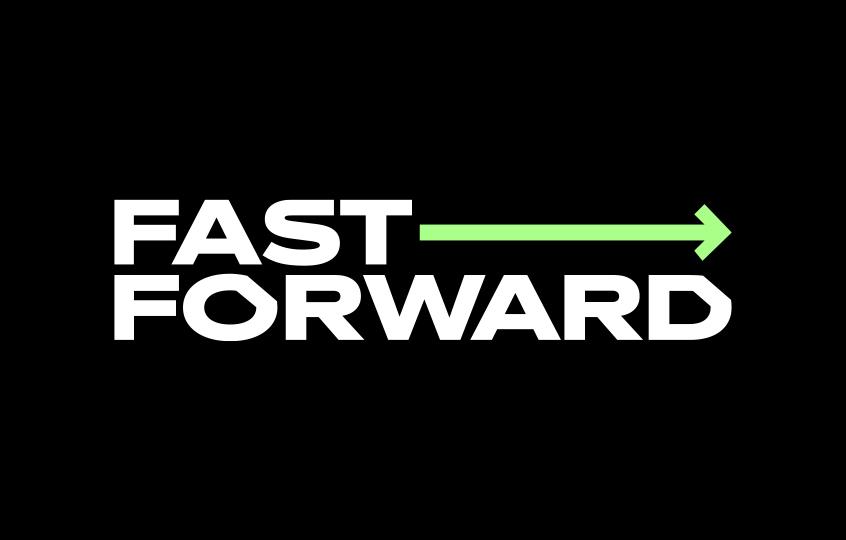 Channel 4 Fast Forward Logo. White capitalised writing with a green arrow after the word 'fast'.