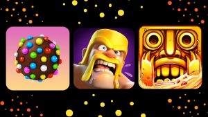 CandyCrush logo, Clash Of Clans logo, Temple Run logo, to show the similarities of play for free app and vertical dramas.