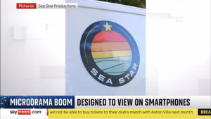 A screenshot of Sky News's report about microdramas in the UK. The screenshot shows the side of a Sea Star equipment van.