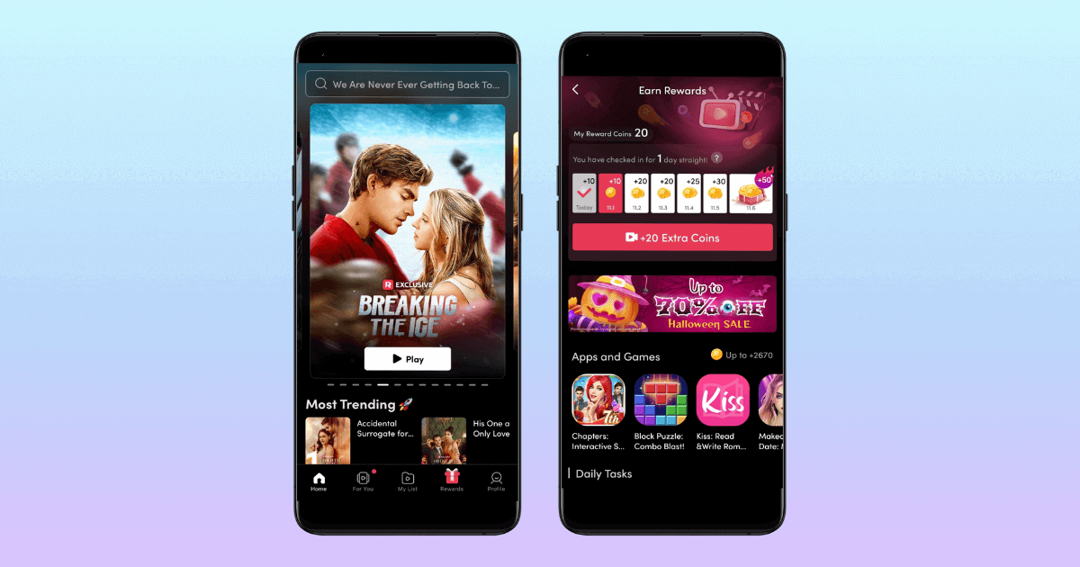 Two iPhone screens with microdrama apps on them. We can see a hockey player romance on the left hand side and a platform with episodes to unlock on the right.